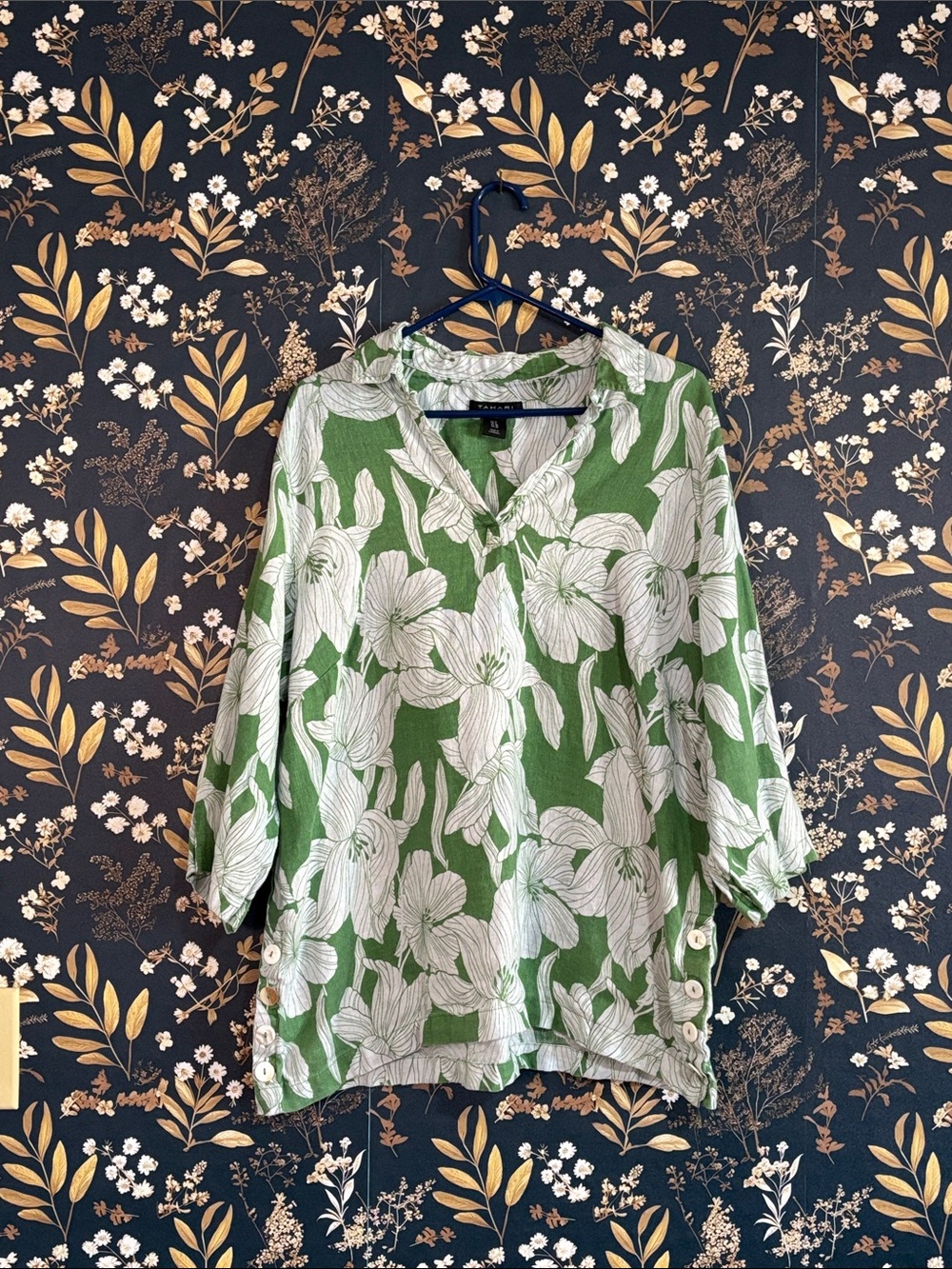 Tahari Green and White Floral V-Neck Linen Tunic Size 1X